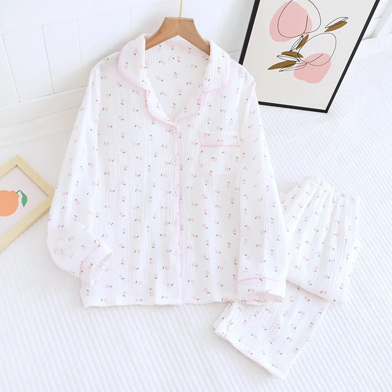 Fdfklak Spring Fall Full Sleeve Homewear Loose 2Pcs Pajama Set 100% Gauze Cotton Casual Print Sleeping Shirt Home Wear Clothes.