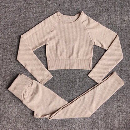 Women Seamless Fitness Yoga Suit Knitt Workout Long Sleeve Crop Top Sports Bra High Waist Running Leggings Gym Clothing 2/3Pcs