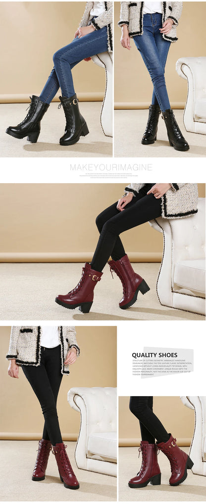 2025 Winter Leather Women Winter Boots Thick Wool Warm Women High-heeled Genuine Boot High-quality Female Snow Boots Women Shoes.