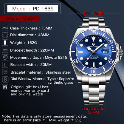 PAGANI DESIGN Top Brand Automatic Watch Luxury Sapphire Glass Mechanical Wristwatch Sports Stainless Steel Waterproof Men Watch.