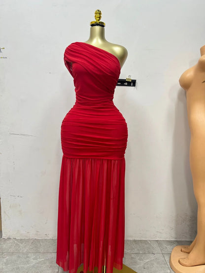 Women's 2025 Spring New Solid Color Sleeveless Slant Neck Pleated Slim Split Long Dresses