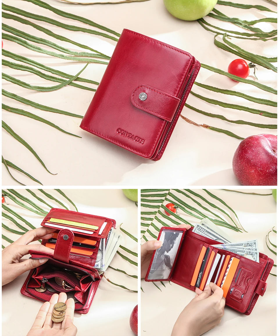 Contact'S Genuine Leather Wallets Women Men Wallet Short Small RFID Blocking Card Holder Wallets Ladies Red Coin Purse.