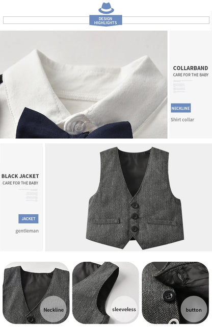 Newborn Boy Formal Clothes Set Infant Boy Gentleman Birthday Romper Outfit With Hat Vest Long Sleeve Infant Jumpsuit Suit Formal.