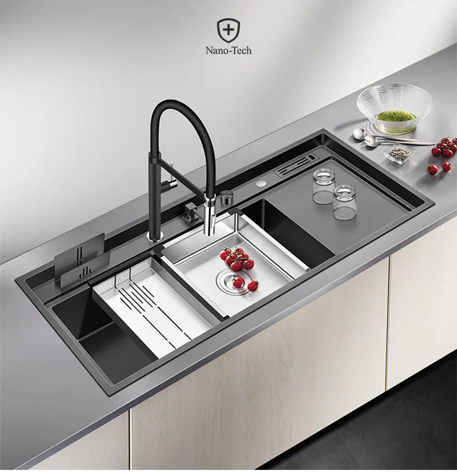 ASRAS New Nanometer Kitchen Sink Handmade Sink 4mm Thickness 240mm Depth Large Size Single Kitchen Sink With Drain Plate Sinks