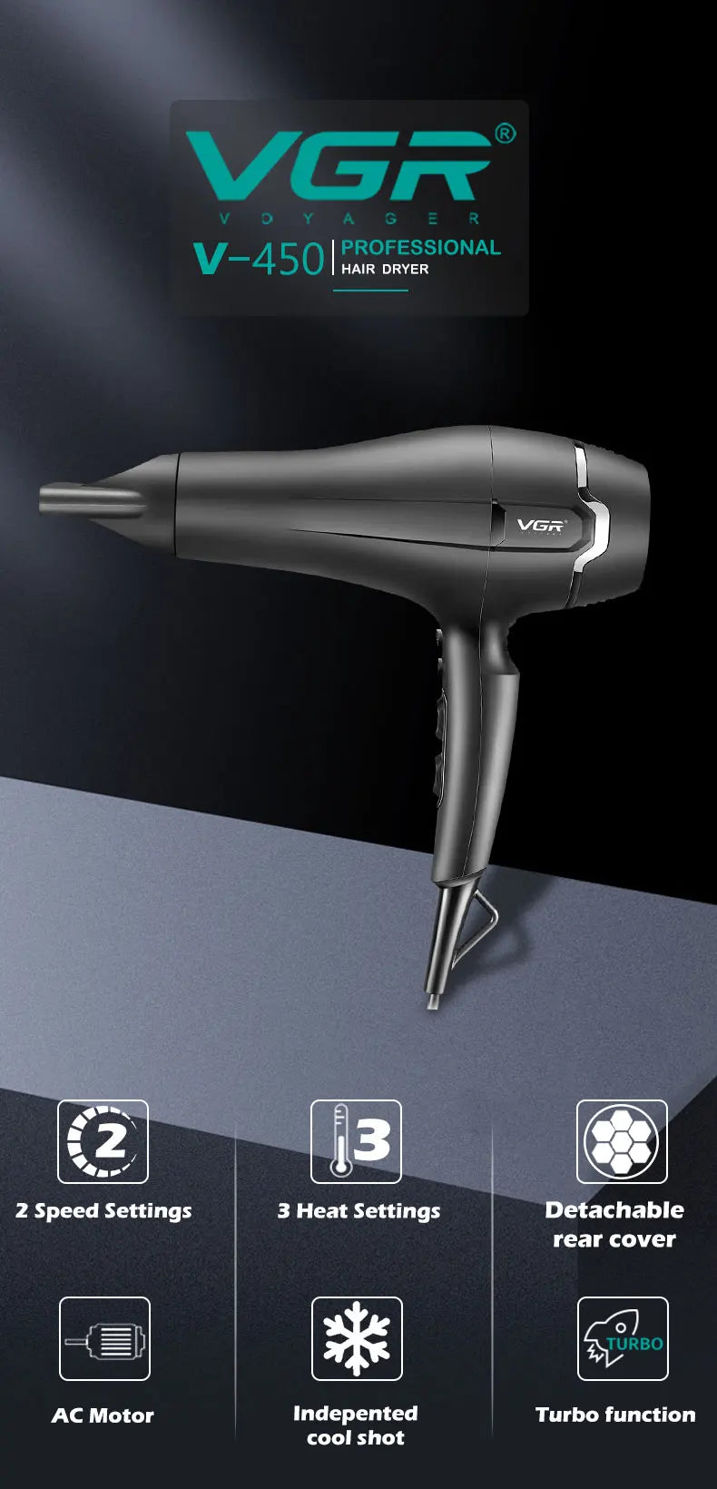 VGR professional multi gear adjustable hair dryer hair salon household high-power distributed air nozzle cold hair dryer V-450.