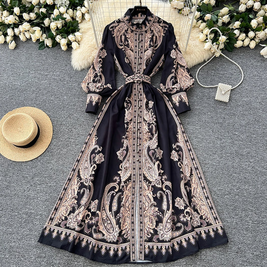 2025 Spring Vintage Stand Collar Tunic Casual Midi Dress For Women Lantern Sleeve Empire Printed Lace Dress