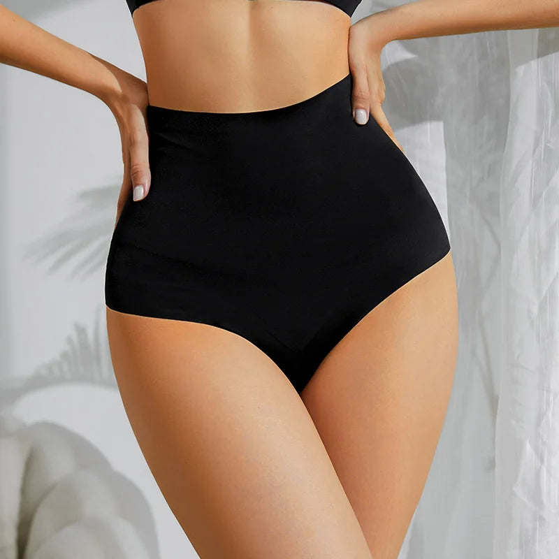 European American Plus Size Women's High Waist Ice Silk Trousers Firm Nylon Briefs Traceless Lace Stitching Thin Body Shaping.