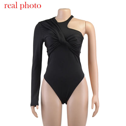 Cryptographic One Shoulder Sexy Backless Twist Bodysuits Women Long Sleeve Top Slim High Waist Bodysuit Club Party Streetwear.