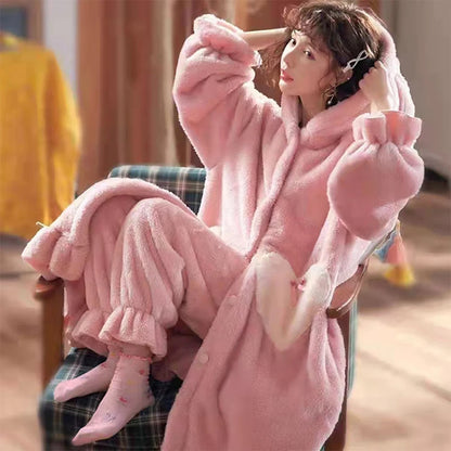 Winter Flannel Pajamas Set For Women Animal Thick Warm Sleepwear Hooded Nightgown With Pants Loose Pyjamas Suit Homewear Clothes.