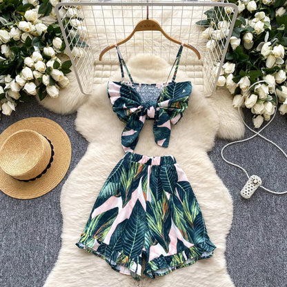 Summer Women's Casual Sets Bandage Top And High Waist Printed Shorts Set American Clothing Wholesale.