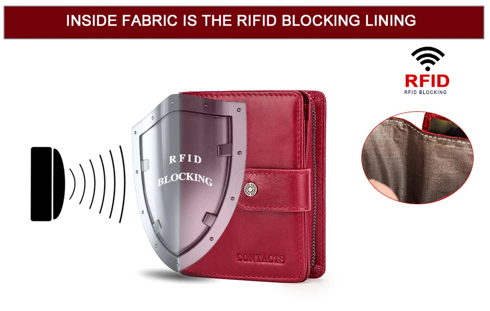 Contact'S Genuine Leather Wallets Women Men Wallet Short Small RFID Blocking Card Holder Wallets Ladies Red Coin Purse.