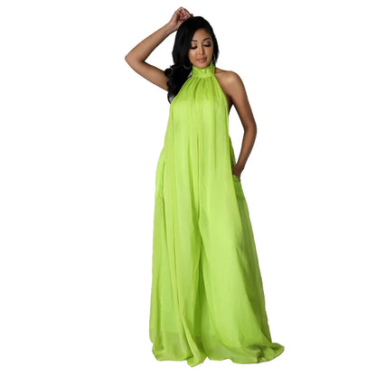 Women Fashion New Loose Sleeveless Solid Color Halter Sexy Backless Wide Leg Long Pants Lady Siamese Trousers Casual Jumpsuit