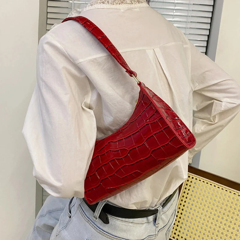 Fashion PU Leather Bags for Women Alligator Pattern Armpit Handbag Female Small Underarm Messenger Bag Purse.