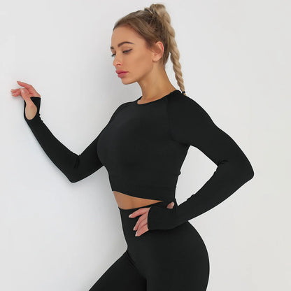 Seamless Athletic Crop Top Woman Sports T-shirts Yoga Top Knitted Shirt Long Sleeve Workout Tops For Women Fashion Gym Clothes
