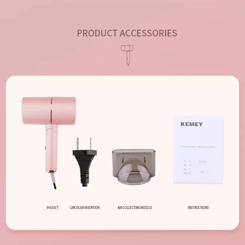 Kemei Professional Blow Dryer Negative Ion Smoother Hair Care Fast Drying Foldable Portable Pink Hair Dryer Home Travel Salon