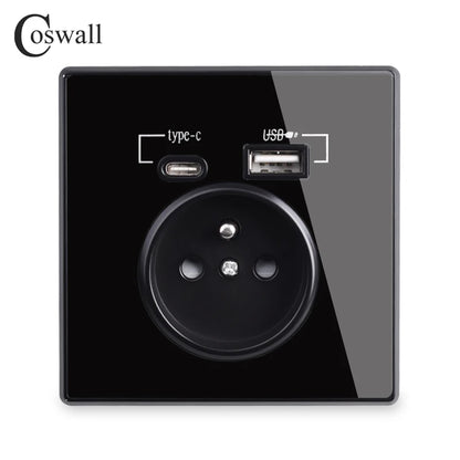 Coswall Typ-C-Schnittstellensteckdose, Vollspiegel, Kristallplatte, schwarze Wand, EU, Russland, Spanien, französische Standardsteckdose mit USB-Ladeanschluss.