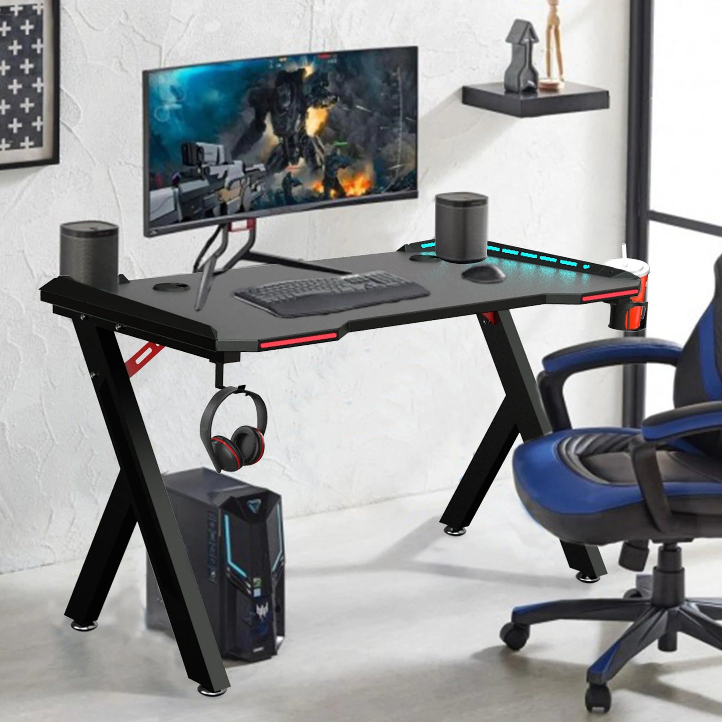 Gaming Schreibtisch PC Computer Gamer Schreibtisch Ergonomische Workstation mit RGB Led-leuchten Kopfhörer Haken Tasse Halter für Home Büros