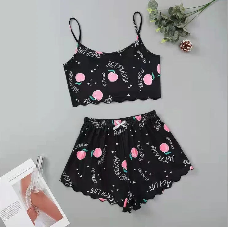 Heiße Damen-Nachtwäsche, süßer Cartoon-Druck, kurzes Set, Pyjama für Damen, Pyjama-Set, süßes Kurzarm-V-Ausschnitt und Shorts, Sommer-Pyjama.