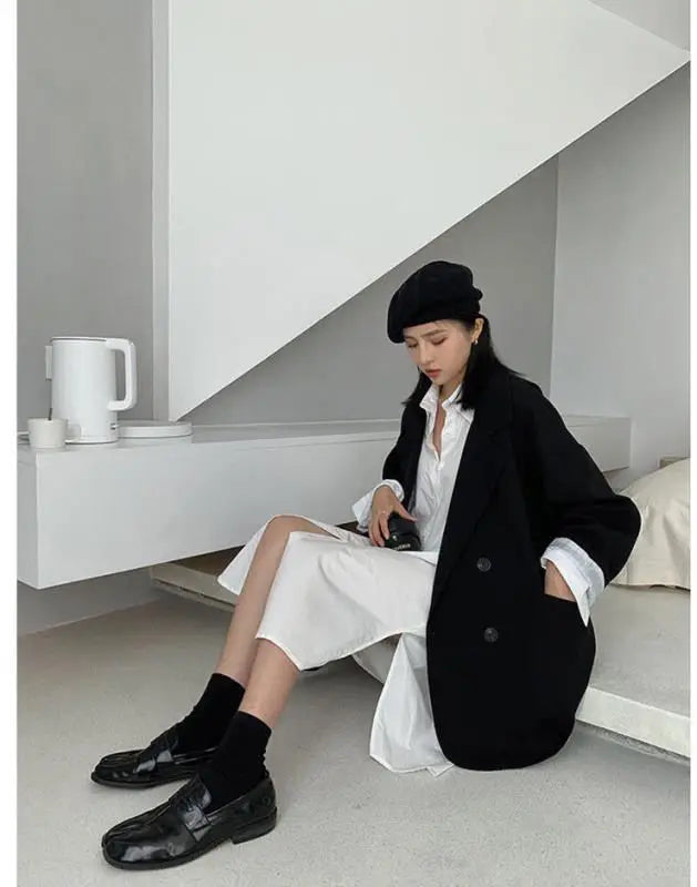 Neue 2025, Vintage Lose Frauen Solide Blazer Herbst Chic Zweireiher Weibliche Lange Hülse Anzug Jacken Stilvolle Damen Blazer