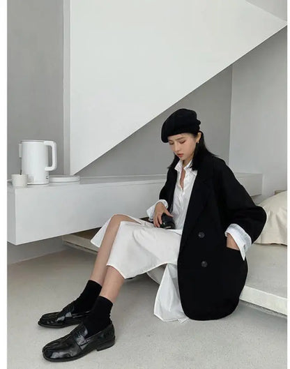 Neue 2025, Vintage Lose Frauen Solide Blazer Herbst Chic Zweireiher Weibliche Lange Hülse Anzug Jacken Stilvolle Damen Blazer