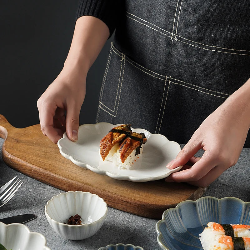 1pc Japanese Dinnerware Ceramic White Blue Dinner Plate Serving Dishes Rice Ramekin Sauce Bowl Microwave Safe.