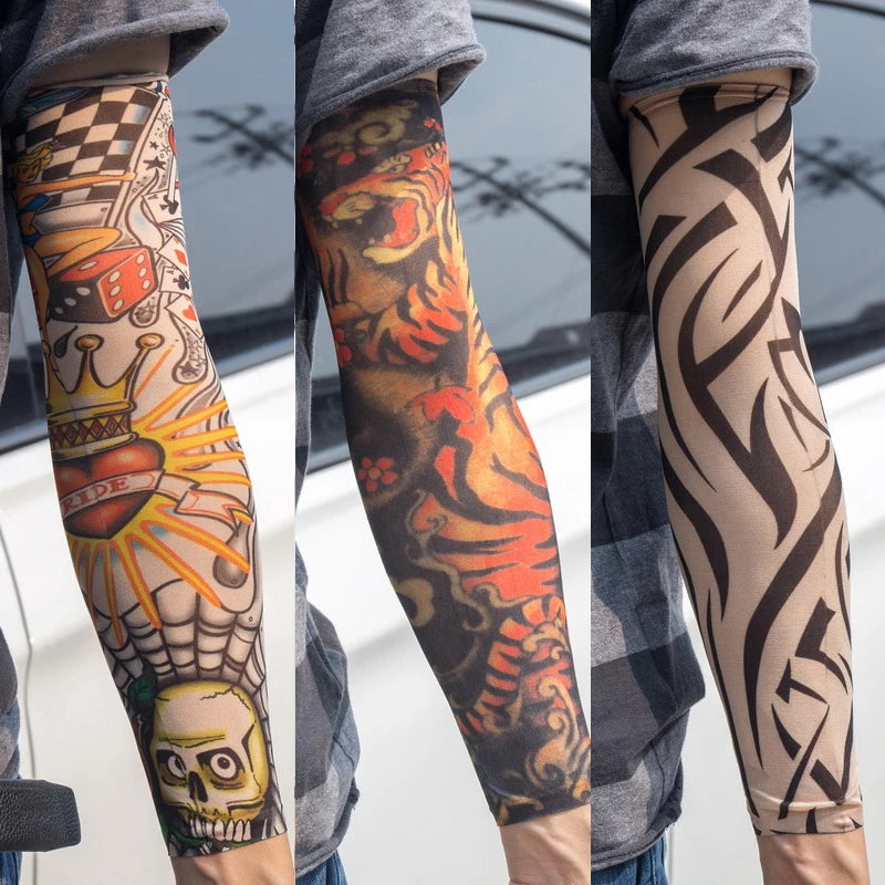 3PCS/lot new mixed 100%Nylon elastic Fake temporary tattoo sleeve skull wolf totem dragon designs body Arm stockings cool men.