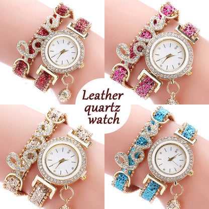 Vintage Watch Women Bracelet Watches Ladies Love Leather Strap Rhinestone Quartz Wrist Watch Quartz Watches Women's Watch.