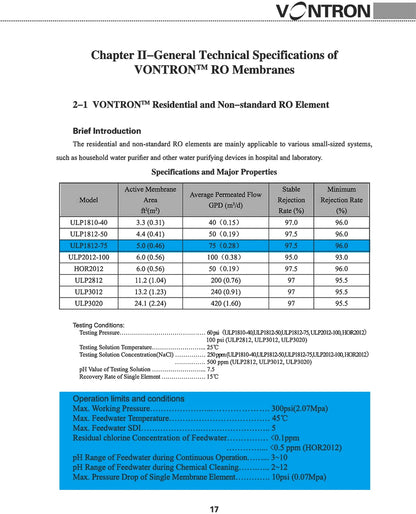 VONTRON Reverse Osmosis RO Membrane 75GPD / 100GPD Replacement Water Filter System Purifier Drinking  ULP1812-75 / ULP2012-100.
