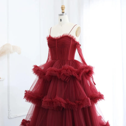 Arabic Burgundy Tulle Tiered Ruffles Evening Dresses With Gloves Pink Spaghetti Straps Wedding Party Gowns SF049-2