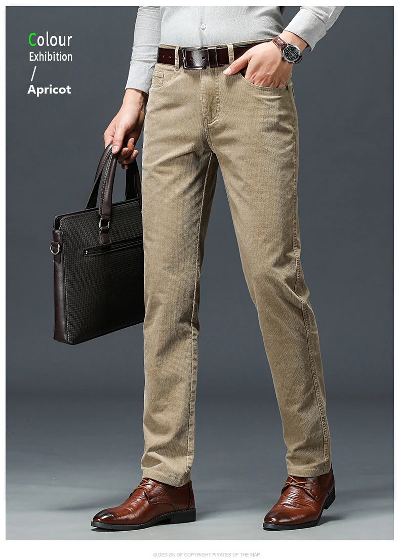 Spring Autumn New Men Pants Corduroy Fabric Comfortable Soft Casual Business Office Male Trousers Khaki Apricot Black Blue.