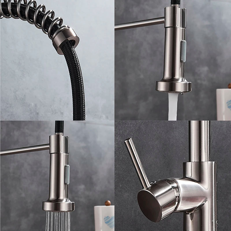 Brushed Gold Kitchen Sink Faucet Spring Pull-down Hot Cold Mixer Faucet Deck Installation Faucet