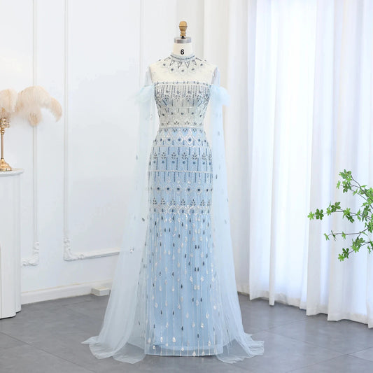 Jancember SZ096 Wholesale Illusal Lace Long Gown Women Party Plus Size Fashion Elegant Light Blue Evening Dress