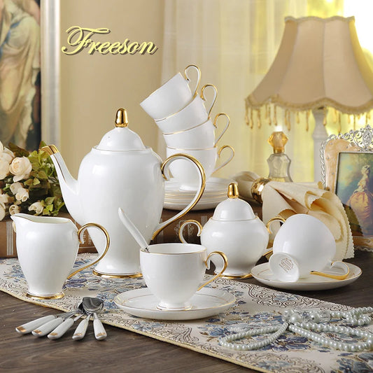 Grace Bone China Coffee Set White Gold Porcelain Tea Set Advanced Pot Cup Ceramic Mug Sugar Bowl Creamer Teapot Milk Jug Teaset.