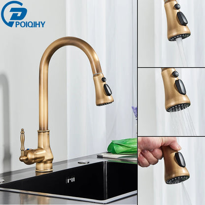 POIQIHY Antique Brass Kitchen Faucet Pull Out Bathroom Kitchen Mixers Single Handle Pull Down Cold Hot Water Tap Deck Mounted