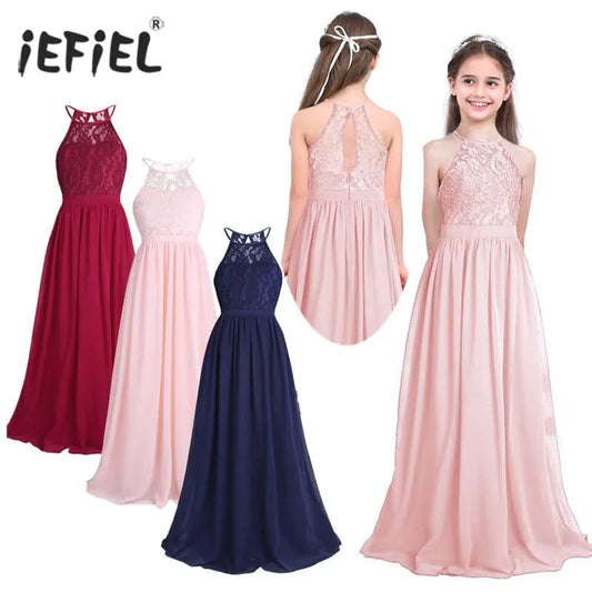 Sommer Mode Blume Mädchen Kleid Hochzeit Geburtstag Party Kinder Lange Kleid Vestido Elegante Halter Neck Floral Spitze Prinzessin Kleid