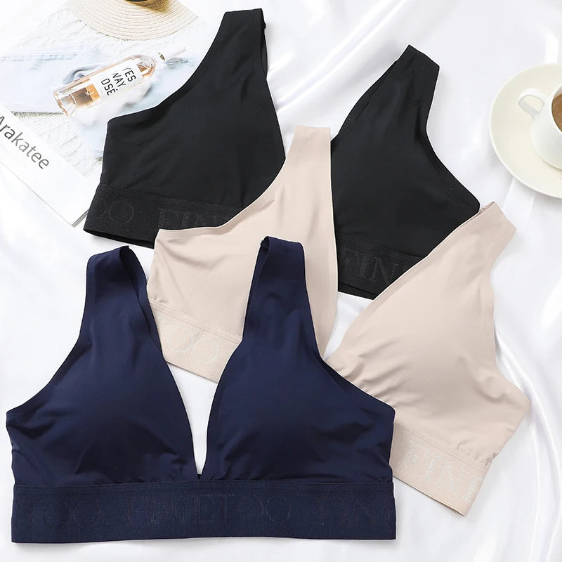 FINETOO Plus Size Women Cropped Top Female Bra S-XL V-Neck Girls Lingerie Active Bras Sexy Woman's Underwear Push Up Tube Tops.