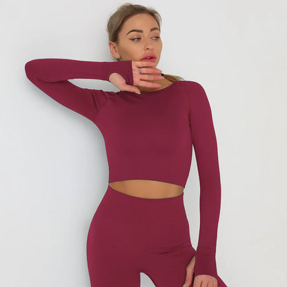 Seamless Athletic Crop Top Woman Sports T-shirts Yoga Top Knitted Shirt Long Sleeve Workout Tops For Women Fashion Gym Clothes