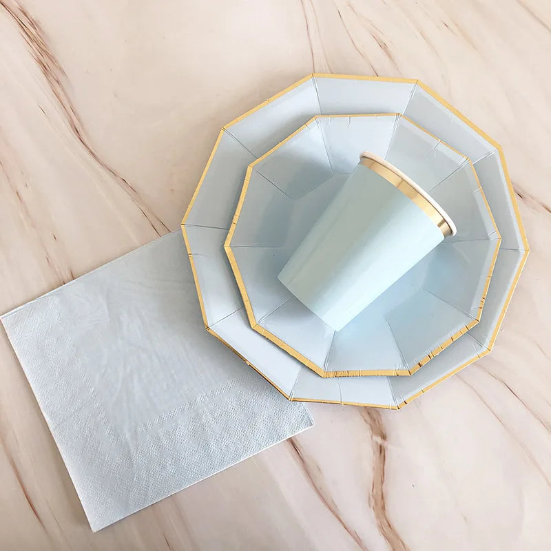 40pcs/set Yellow Green Pink Blue Paper Plates Cups Disposable Tableware Set for Wedding Birthday Party Baby Shower Supplies.