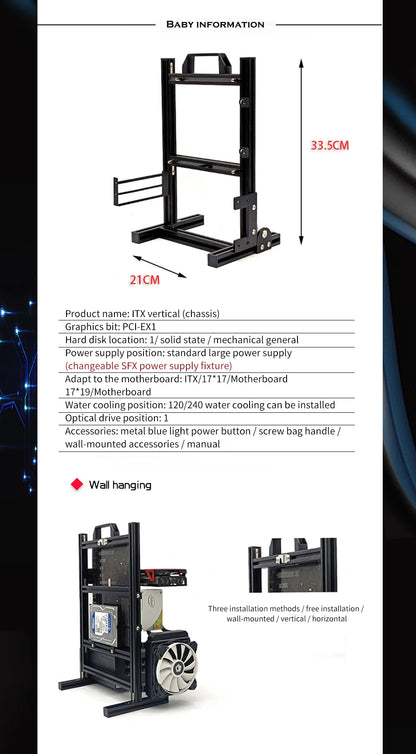 DIY Computer Open Frame,Vertical ATX/ ITX / MATX Gamer Cabinet Aluminum,Modding Desktop Gaming PC Case Water Air Cooler.