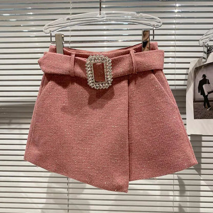 2022 Spring Autumn New shiny sequins Plaid Shorts with Belt for Lady Rhinestone Bright Silk Tweed Folding Short Boots Women