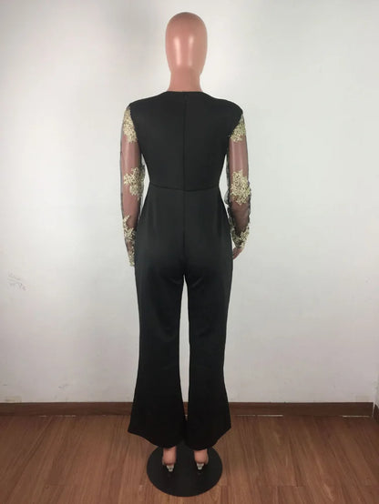 Wide Leg Casual Overalls Sexy Women V-Neck Elegant Lace Straight Party Jumpsuit Romper.