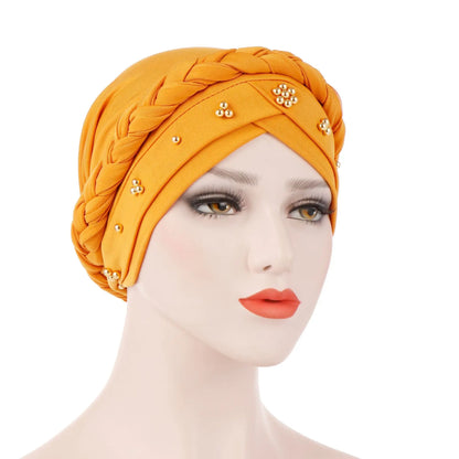 KepaHoo Women Hair Care Islamic Jersey Head Scarf Milk Silk Muslim Hijab Beads Braid Wrap Stretch Turban Hat Chemo Cap Head Wrap.
