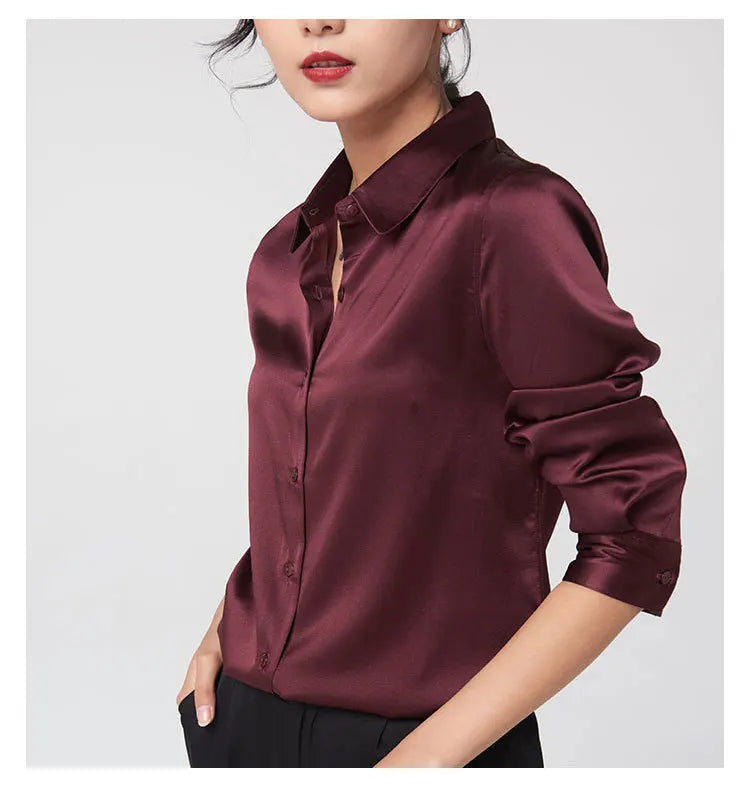 Woman Silk Shirt Long-sleeved Satin Women Blouse 19mm Mulberry Silk Blouse Loose Versatile Base Shirt 95% Natural Silk+5%Spandex