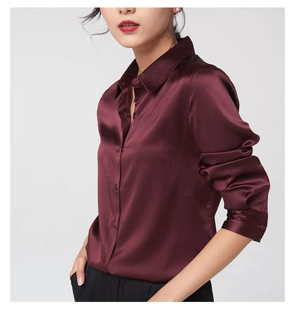 Woman Silk Shirt Long-sleeved Satin Women Blouse 19mm Mulberry Silk Blouse Loose Versatile Base Shirt 95% Natural Silk+5%Spandex