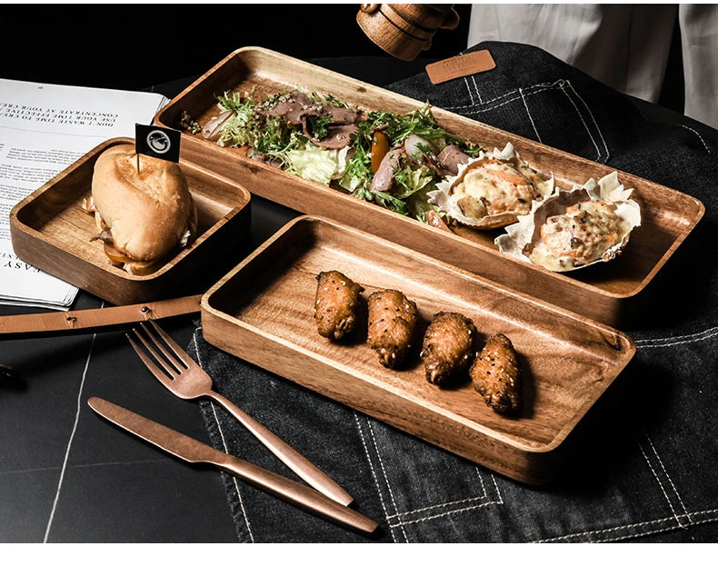 Acacia Wood Serving Tray Saucer Tea Tray Dessert Dinner Plate Tableware Set Japanese Snacks Food Rectangular Plate Storage Dish.