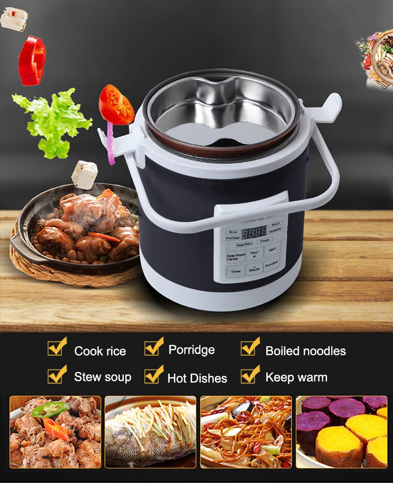 12V 24V Mini Car Rice Cooker 1.6L  car trucks electric soup porridge cooking machine food steamer warmer fast heating lunch box.