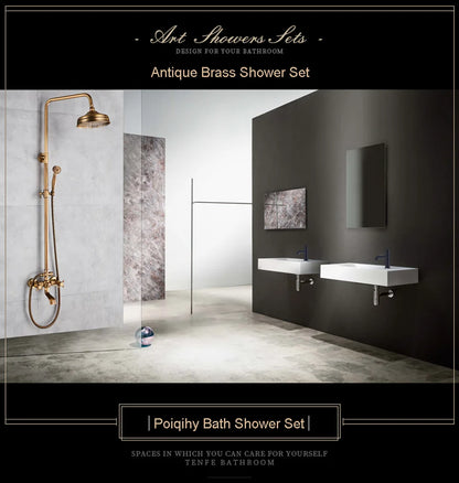 POIQIHY Antique Shower Set Wall Bathroom Bath Shower Faucet Rainfall Brass Swivel Spout Mixer Tap Sliding Bar Shower System