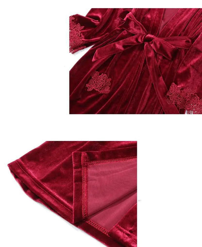 Autumn Velvet Women 4PCS Pajamas Set Sleepwear Burgundy Velour Bathrobe Nightwear Lace Patchwork Pijamas Suit Sexy Negligee.