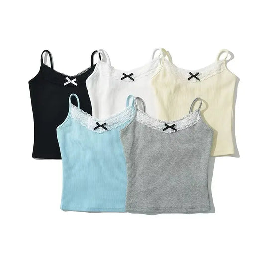 Women Summer New Fashion Lace Bow Tank Tops Vintage Sleeveless Backless Slim Casual Female Camis Chic Tops