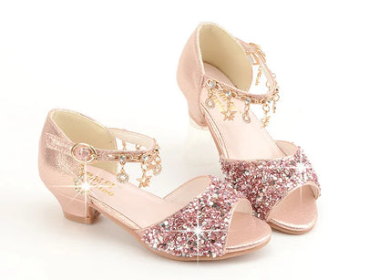 Girls Sandals Children Crystal Shoes 2023 Summer Kids Glitter Shoes High Heels Sequined Rhinestone Pendants Open Toes Princess.